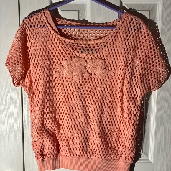 Tropical Resort Tops - Tropical Resort Coral Crochet Fishnet Blouse Floral Appliqué